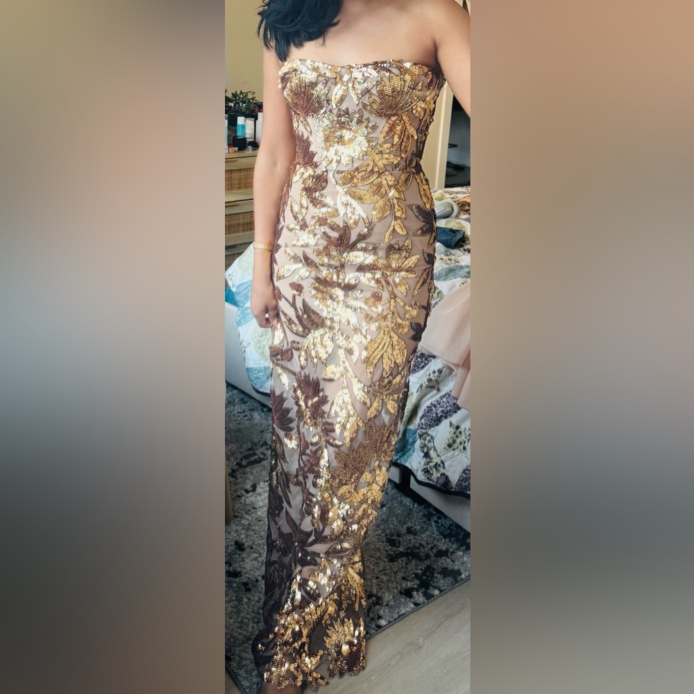 Bronx and Banco Gold and Brown Strapless Sequin Maxi Dress
